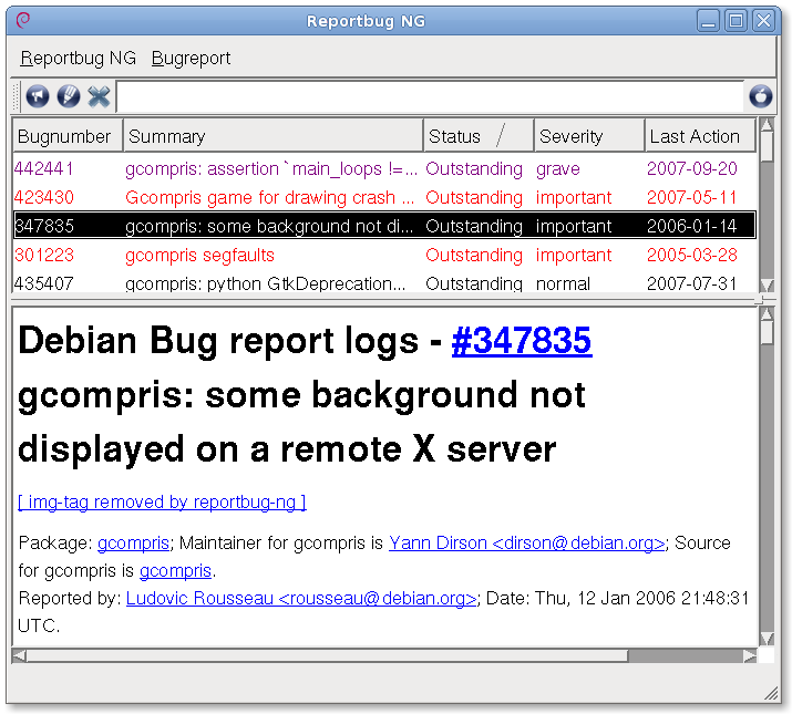 Reportbug-NG, showing gcompris bugs